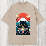 Tokyosol Black Cat Having Ramen Mount Fuji Washed T-Shirt