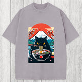 Tokyosol Black Cat Having Ramen Mount Fuji Washed T-Shirt