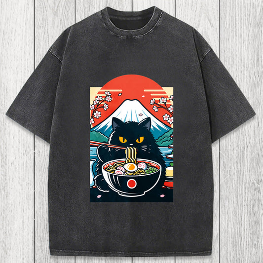 Tokyosol Black Cat Having Ramen Mount Fuji Washed T-Shirt