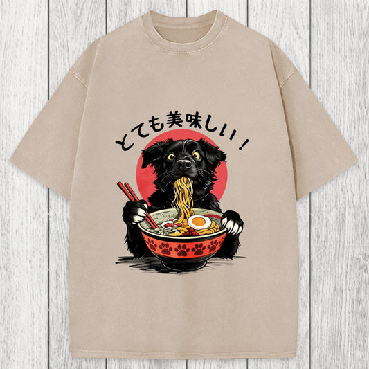 Tokyosol Dog Eating Ramen Joyfully Washed T-Shirt