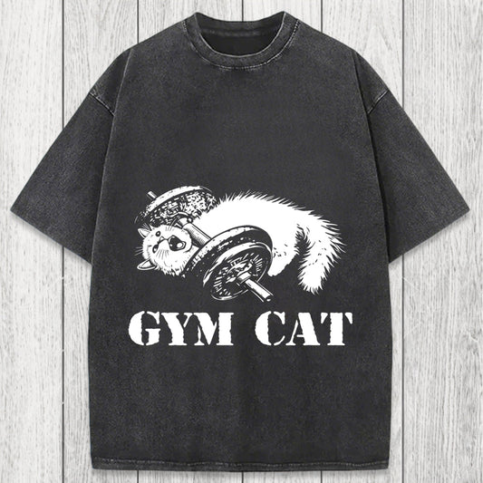 Tokyosol Cat Pumping Iron At The Gym Washed T-Shirt