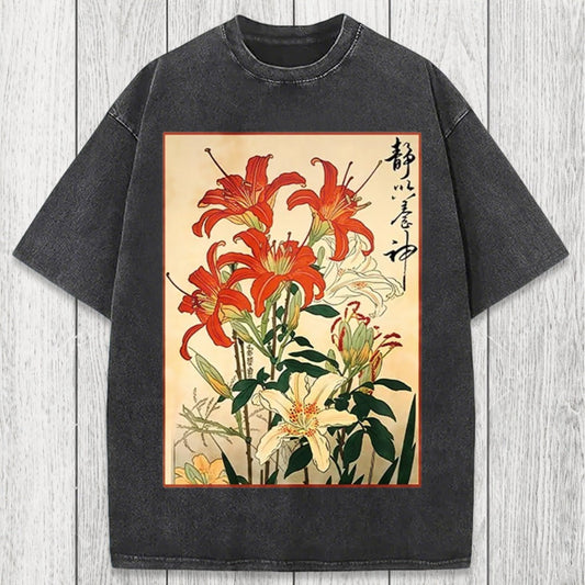 Tokyosol Red And White Lilies Washed T-Shirt