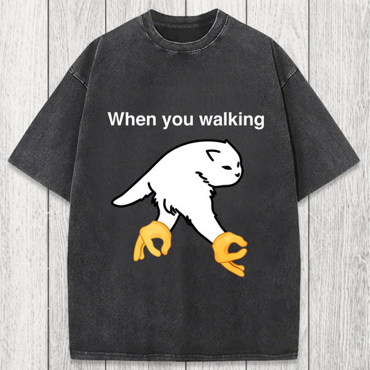 Tokyosol When You Walking Cursed Cat Meme Washed T-Shirt