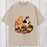 Tokyosol Funny Smoking Cat Washed T-Shirt