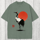Tokyosol Retro Japanese Red-crowned Crane Washed T-Shirt