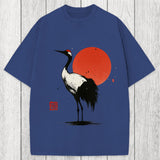 Tokyosol Retro Japanese Red-crowned Crane Washed T-Shirt