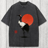 Tokyosol Retro Japanese Red-crowned Crane Washed T-Shirt