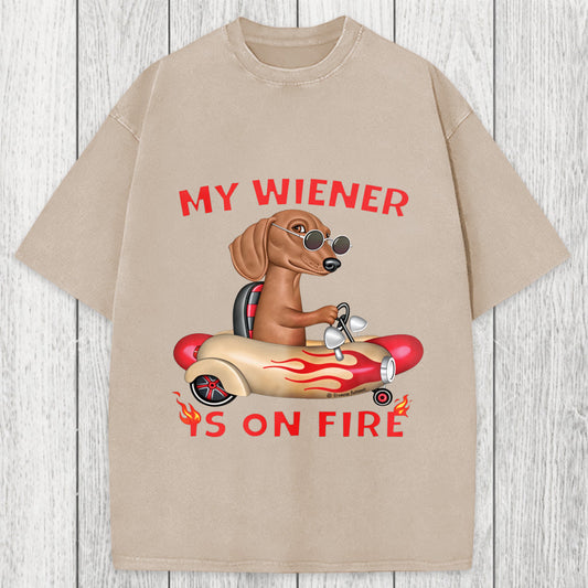 Tokyosol My Wiener Is On Fire Funny Dog Washed T-Shirt