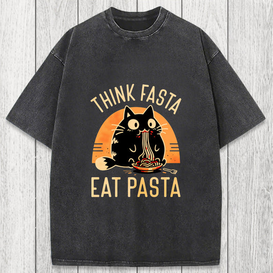 Tokyosol Think Fast Eat Pasta Funny Cat Washed T-Shirt