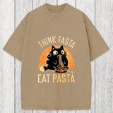 Tokyosol Think Fast Eat Pasta Funny Cat Washed T-Shirt