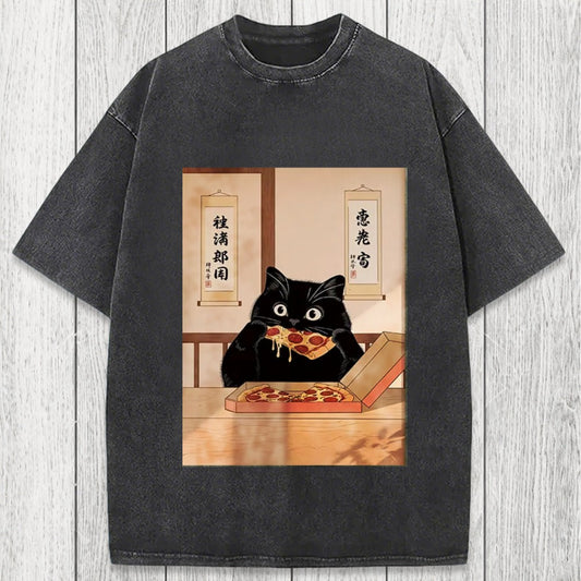 Tokyosol Black Cat Pizza Ukiyo-e Washed T-Shirt