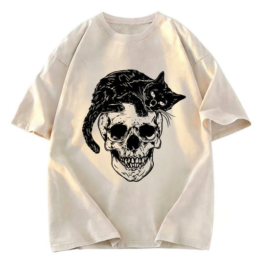 Tokyosol Cat Skull Fleece Lined T-Shirt