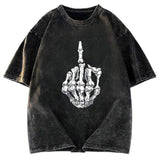 Tokyosol Funny Halloween Middle Finger Skeleton Hand Washed T-Shirt