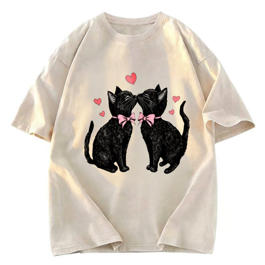 Tokyosol Cute Kissing Cat Washed T-Shirt