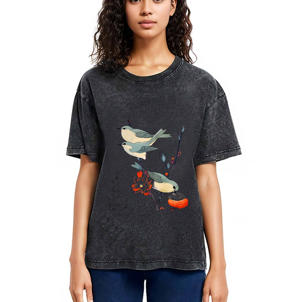 Tokyosol Japanese Art Birds On Cherry Blossom Washed T Shirt