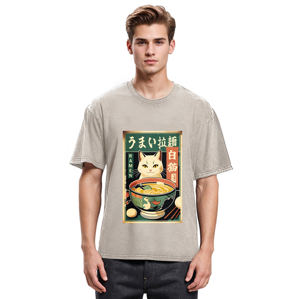 Tokyosol White Cat Eating Ramen Washed T Shirt