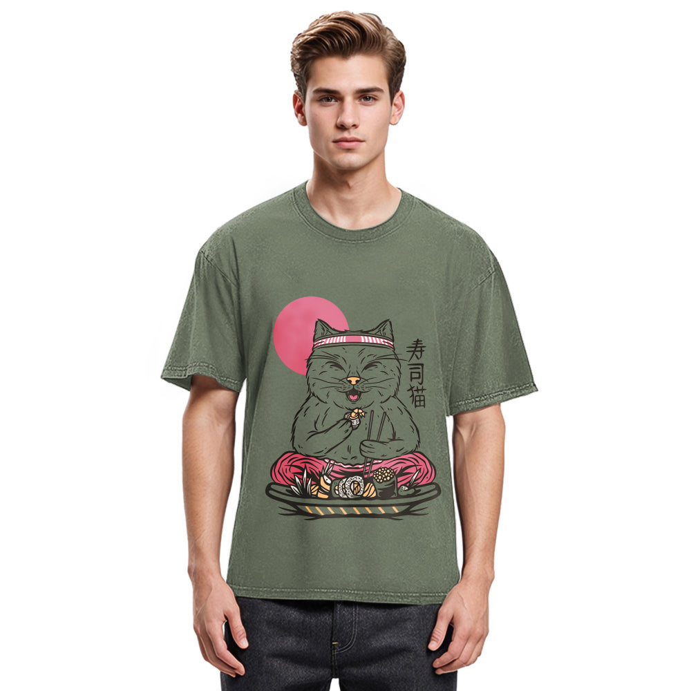 Tokyosol Cute Sushi Cat Eating Washed T Shirt