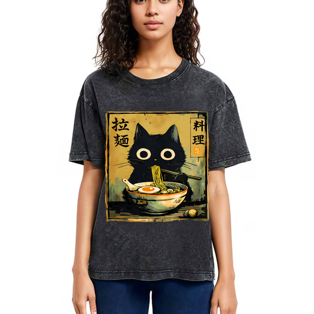 Tokyosol Cute Black Cat Eating Ramen Washed T-Shirt