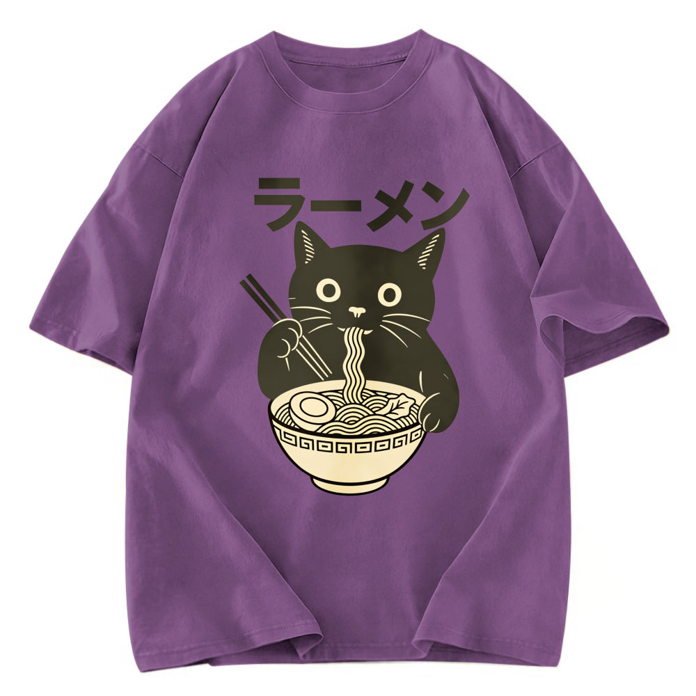 Tokyosol Simple Black Cat Eating Ramen Washed T Shirt