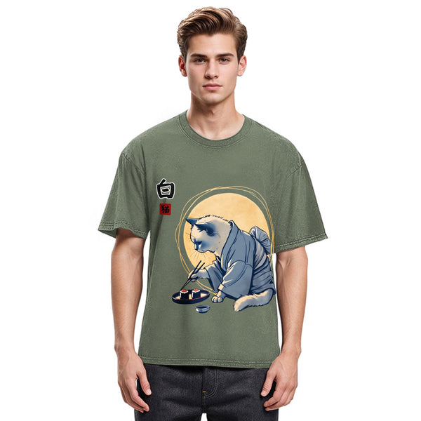 Tokyosol Cute Japanese Sushi Cat Washed T Shirt