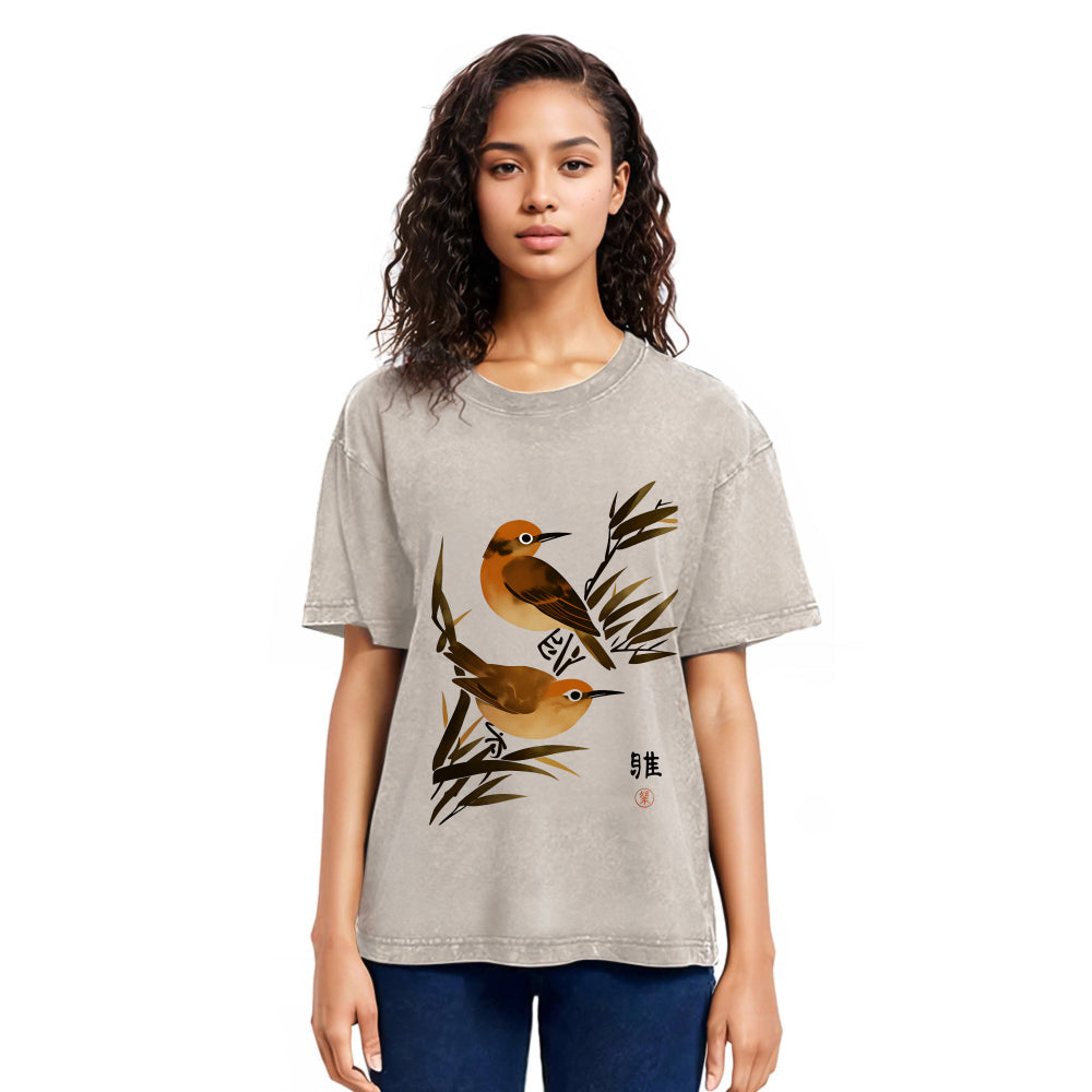 Tokyosol Sparrows Among Bamboo Washed T Shirt