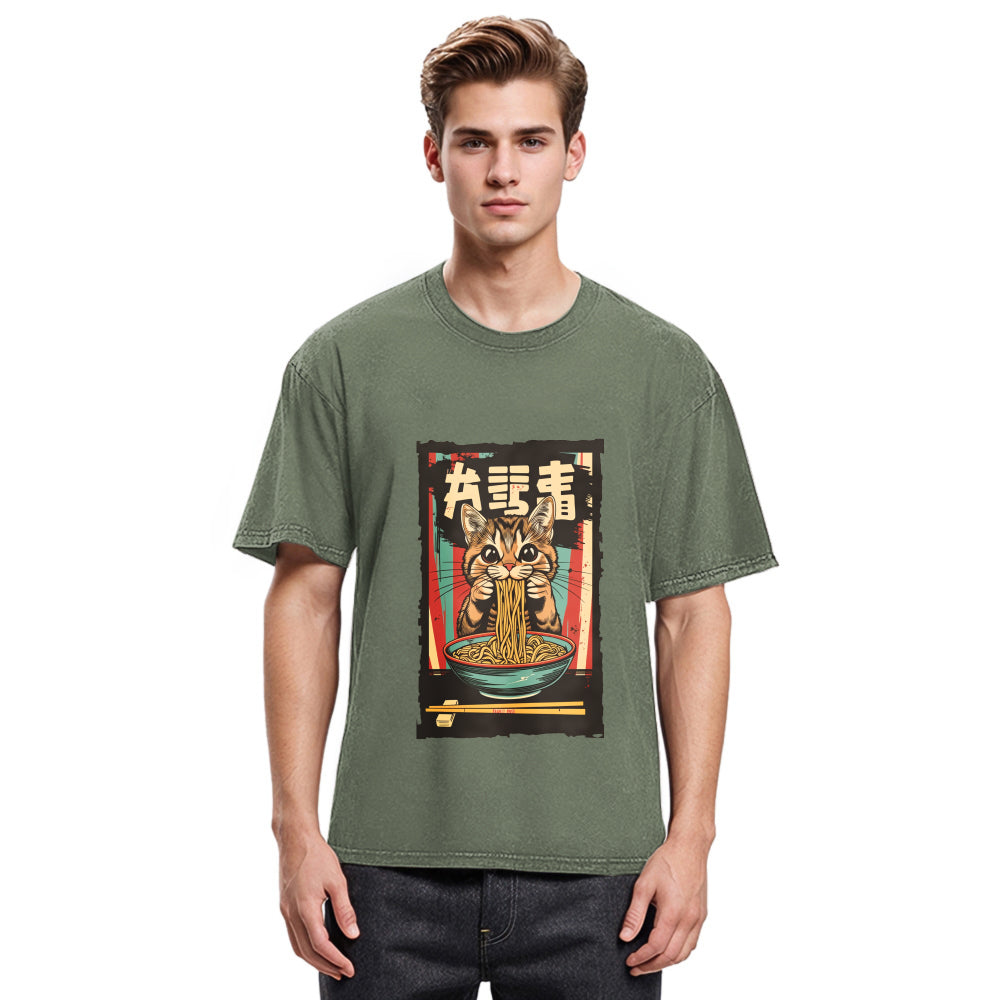 Tokyosol Kawaii Ramen Orange Cat Vintage Japanese Washed T Shirt
