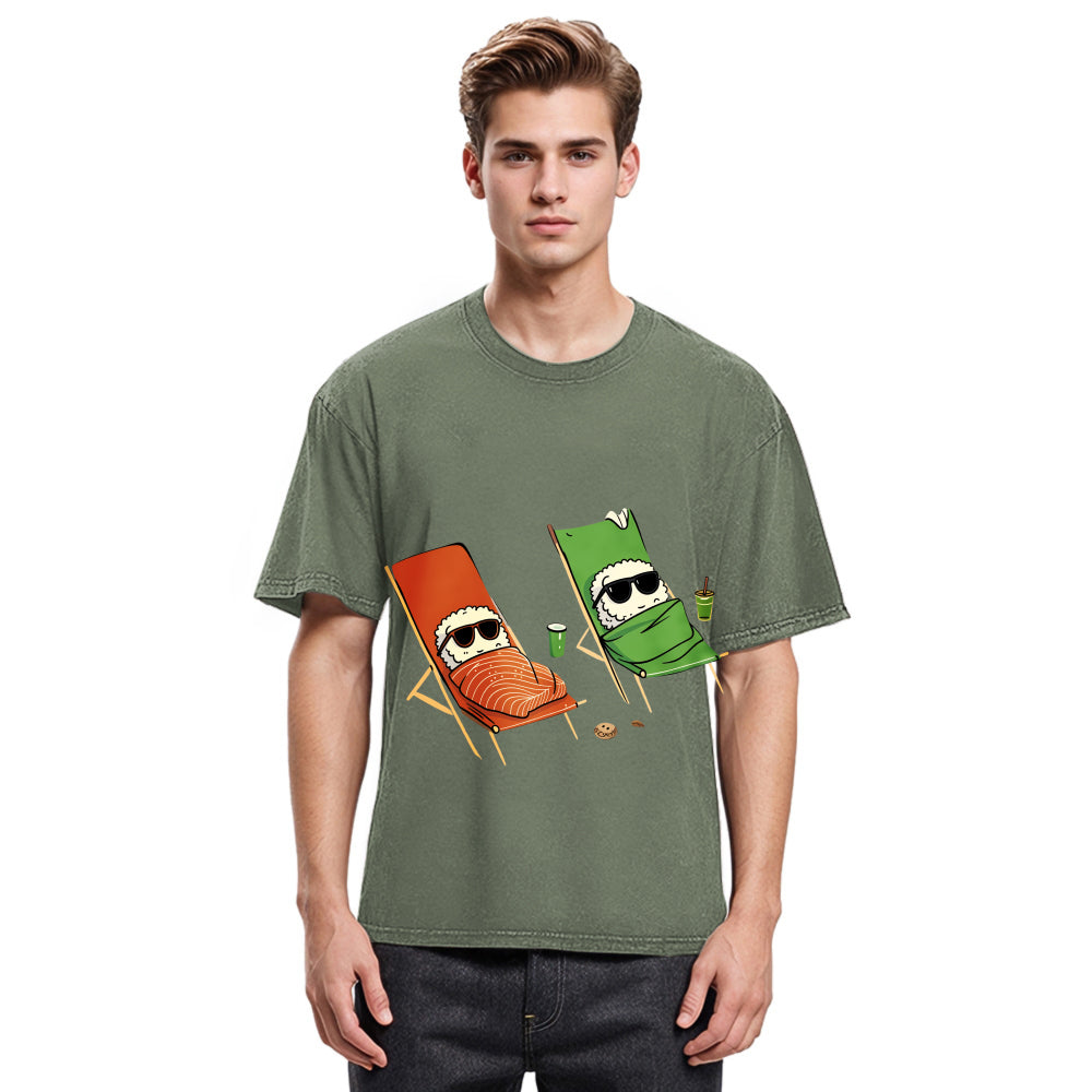 Tokyosol Funny Sushi Sunbathing Washed T Shirt
