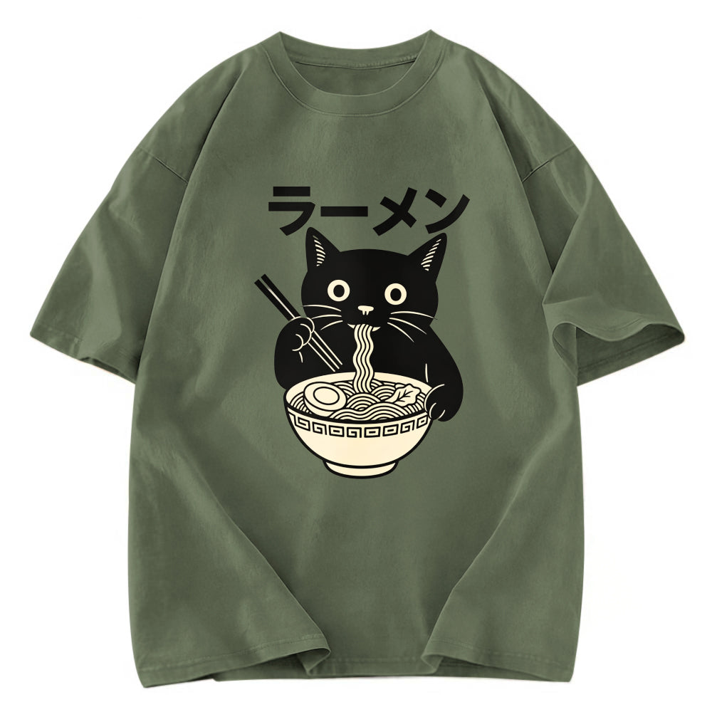 Tokyosol Simple Black Cat Eating Ramen Washed T Shirt