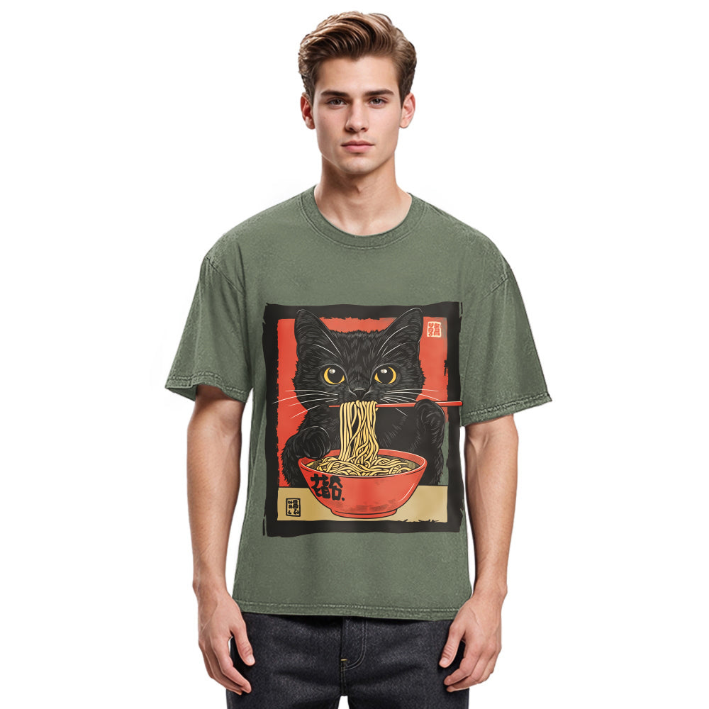 Tokyosol Kawaii Japanese Ramen Cat Vintage Washed T Shirt
