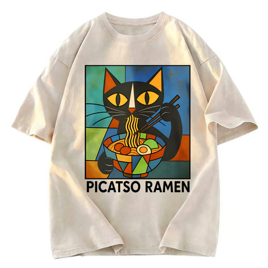 Tokyosol Abstract Cat Eating Ramen Washed T Shirt