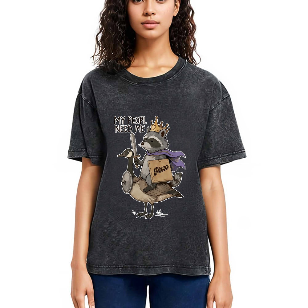 Tokyosol Funny Raccoon King Riding Goose Washed T Shirt