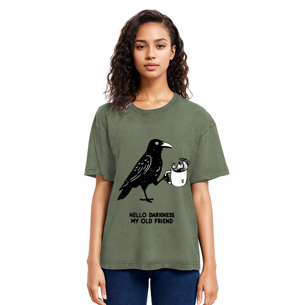 Tokyosol Crow Drinking Black Coffee Funny Washed T Shirt