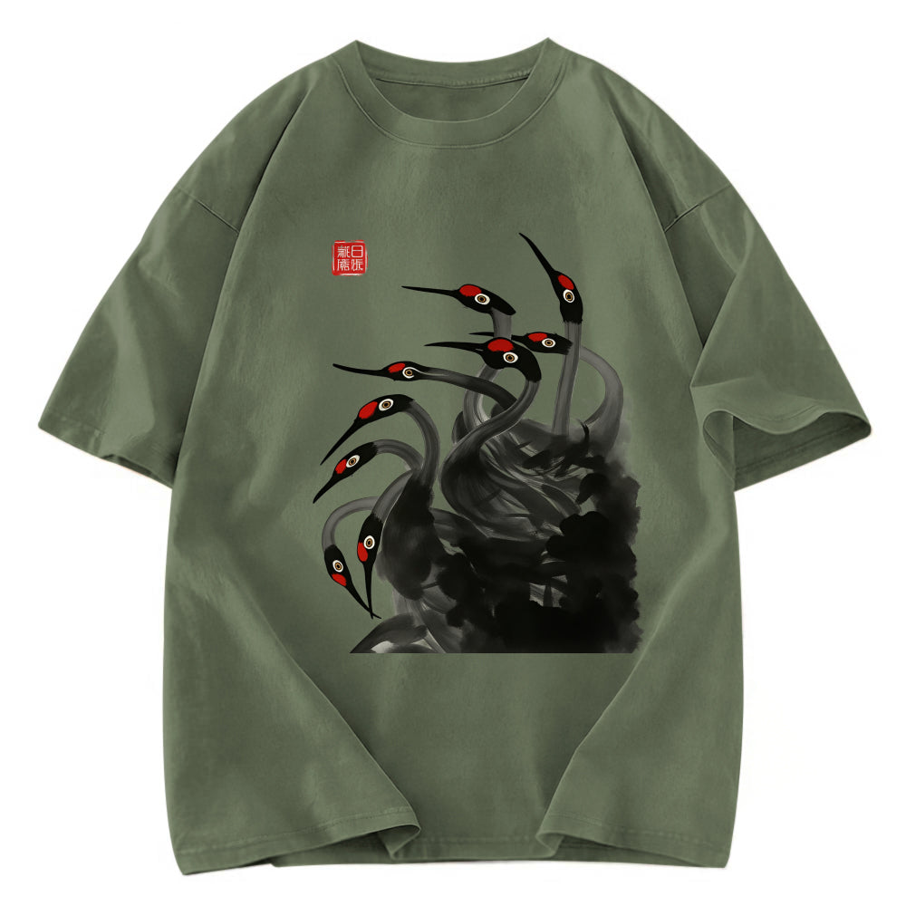 Tokyosol Retro Red Crowned Crane Washed T Shirt