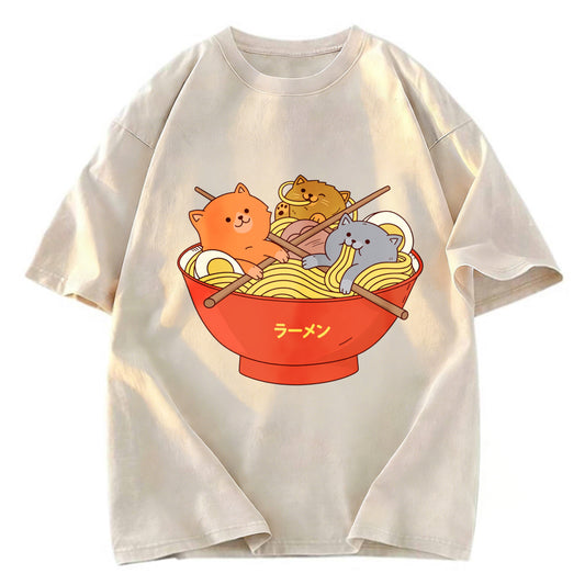 Tokyosol Cute Cat Ramen Washed T Shirt