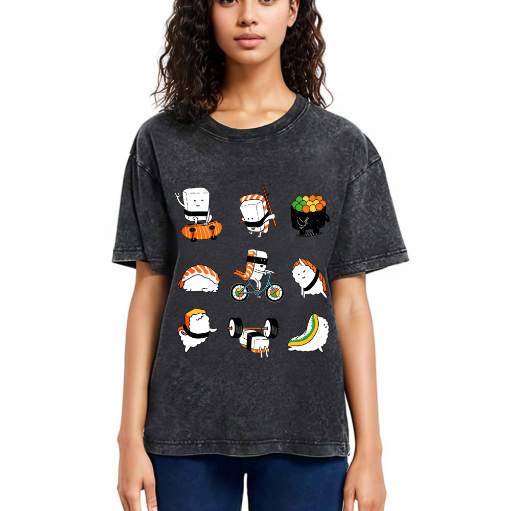 Tokyosol Cute Sports Sushi Washed T Shirt