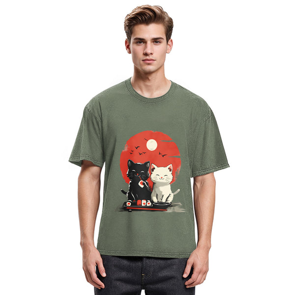 Tokyosol Black And White Cat Vintage Washed T Shirt