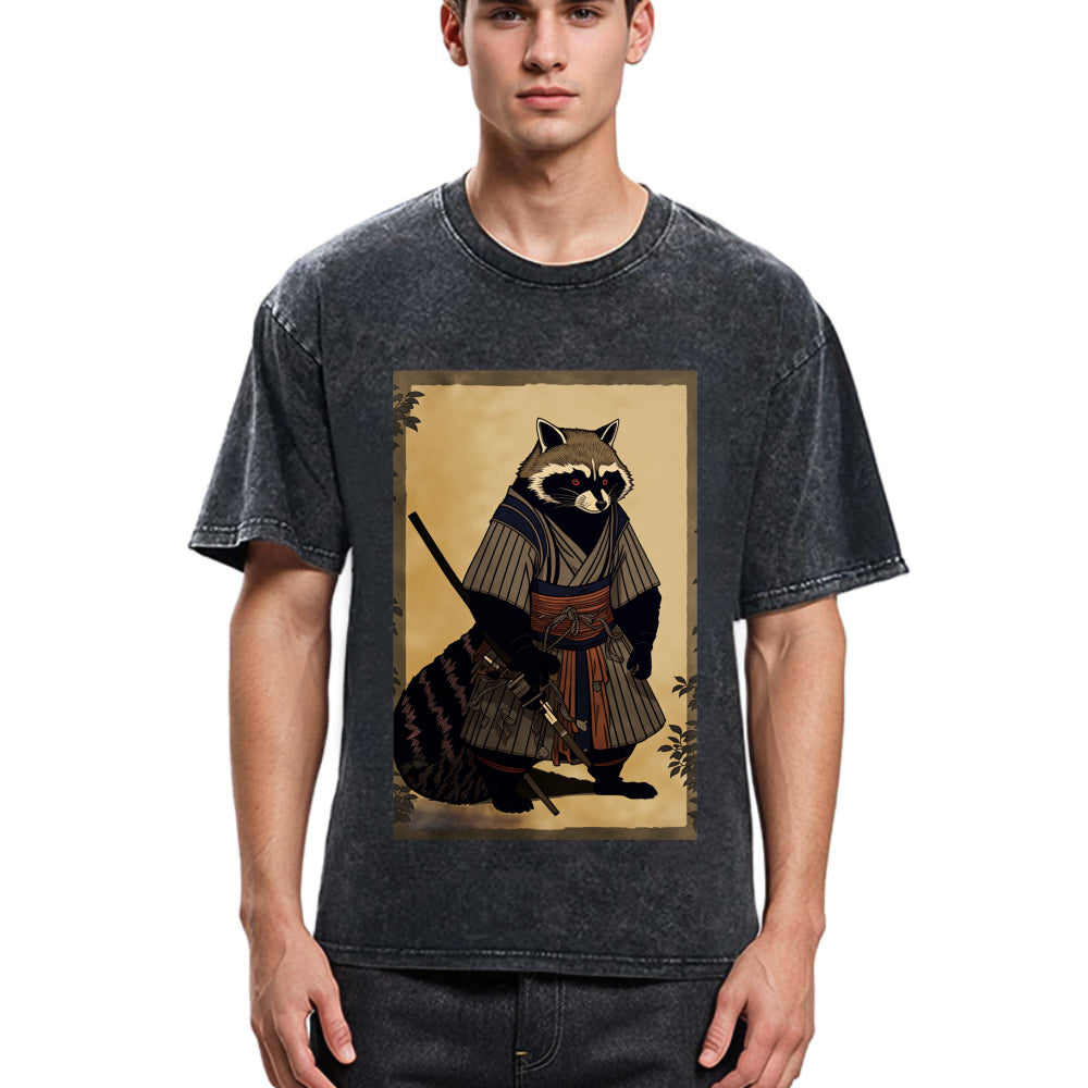 Tokyosol Japanese Raccoon Samurai Washed T Shirt
