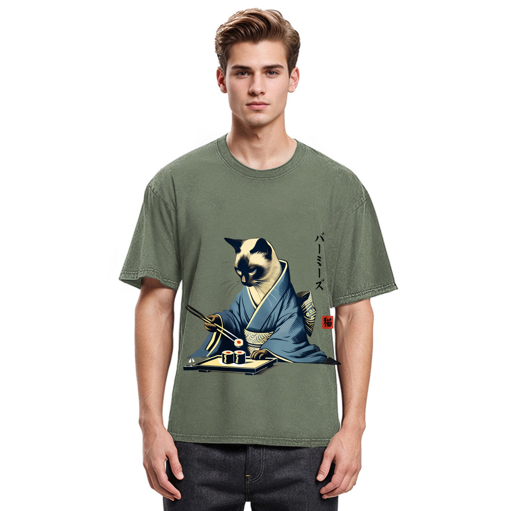 Tokyosol Cat In Kimono Eating Sushi Washed T Shirt