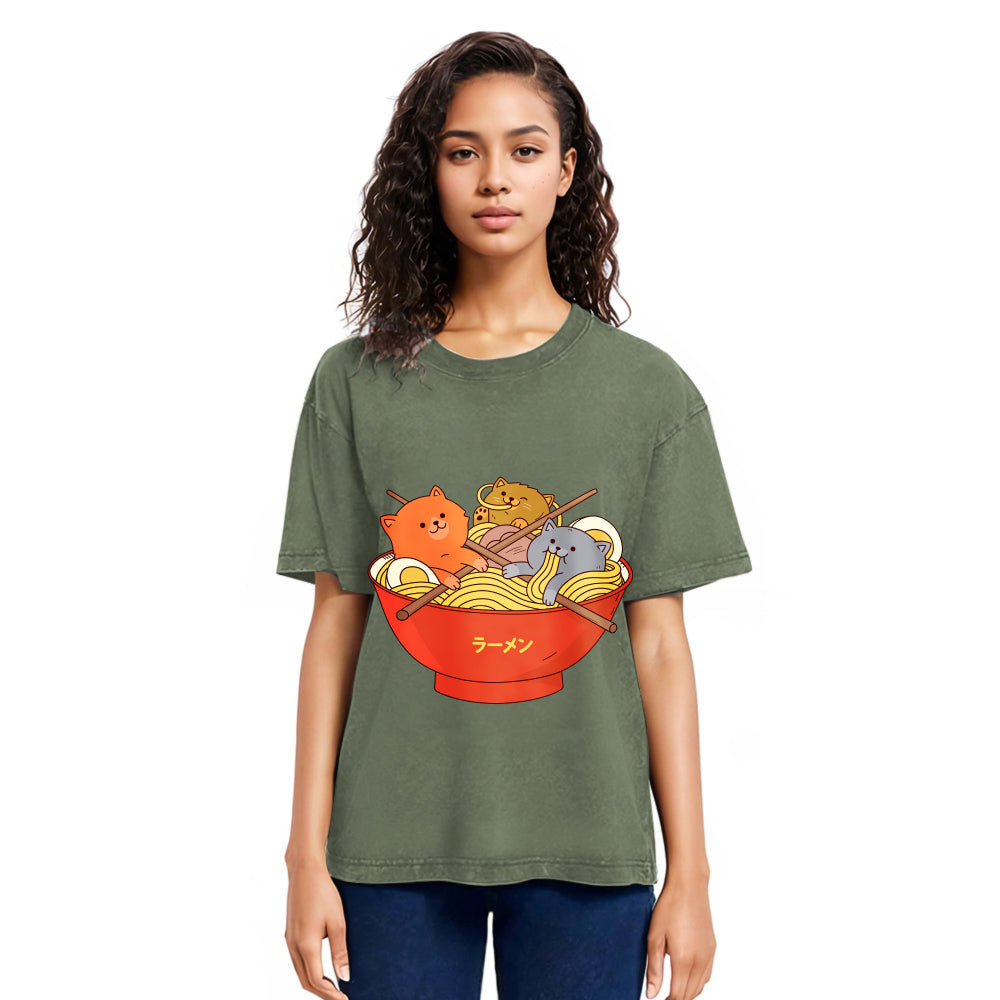Tokyosol Cute Cat Ramen Washed T Shirt