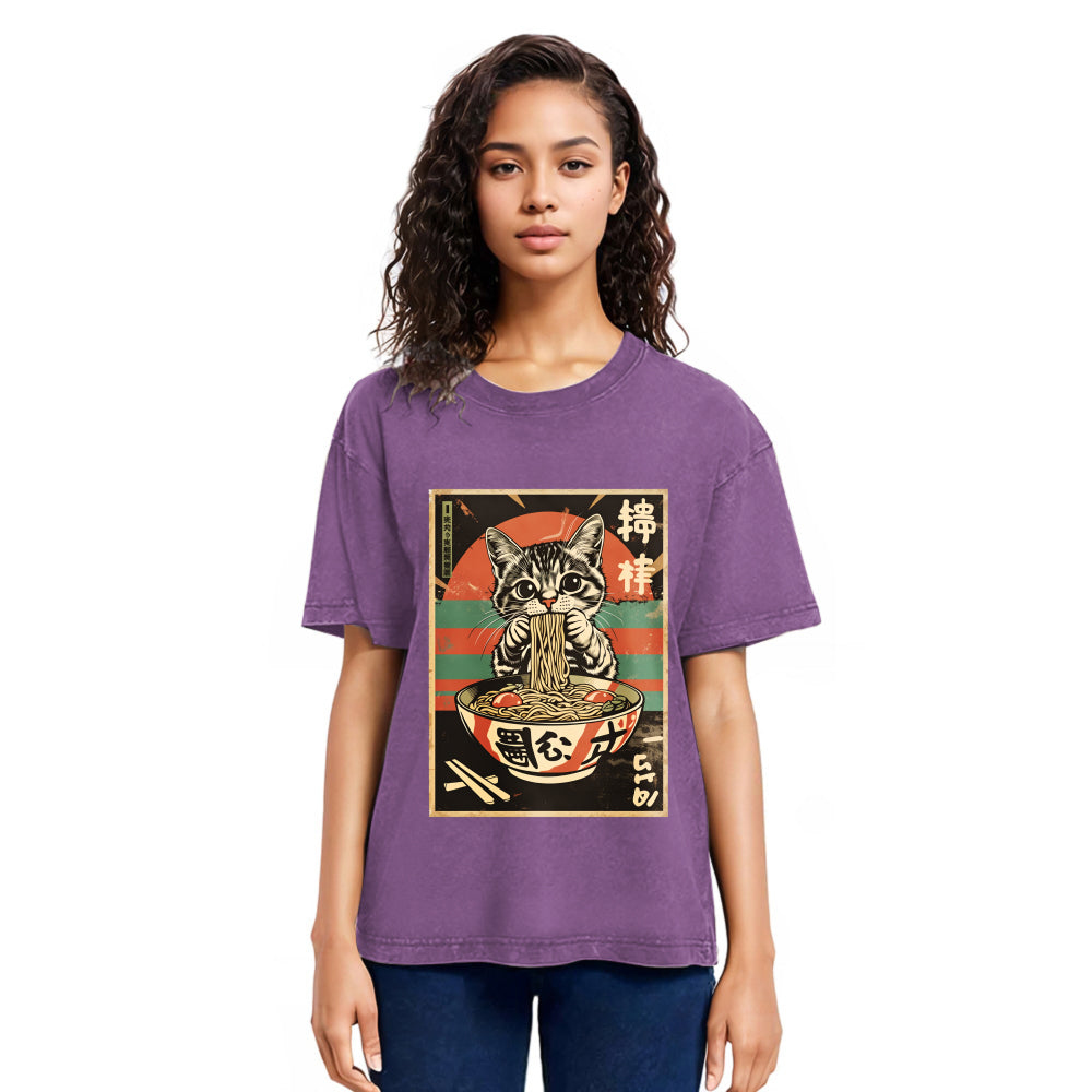 Tokyosol Kawaii Cat Lover Ramen Washed T Shirt
