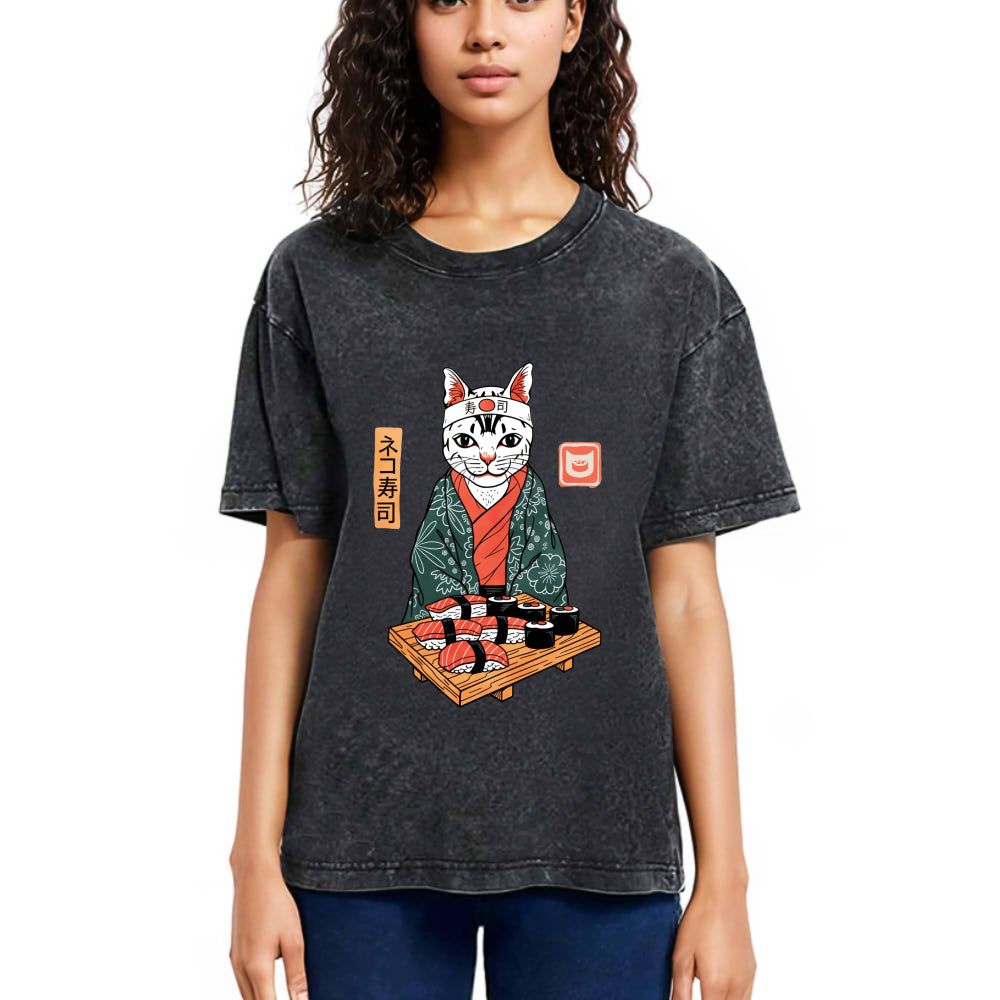 Tokyosol Neko Sushi Japan Culture Creative Washed T Shirt