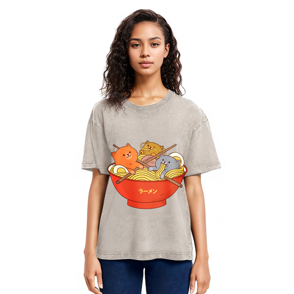 Tokyosol Cute Cat Ramen Washed T Shirt