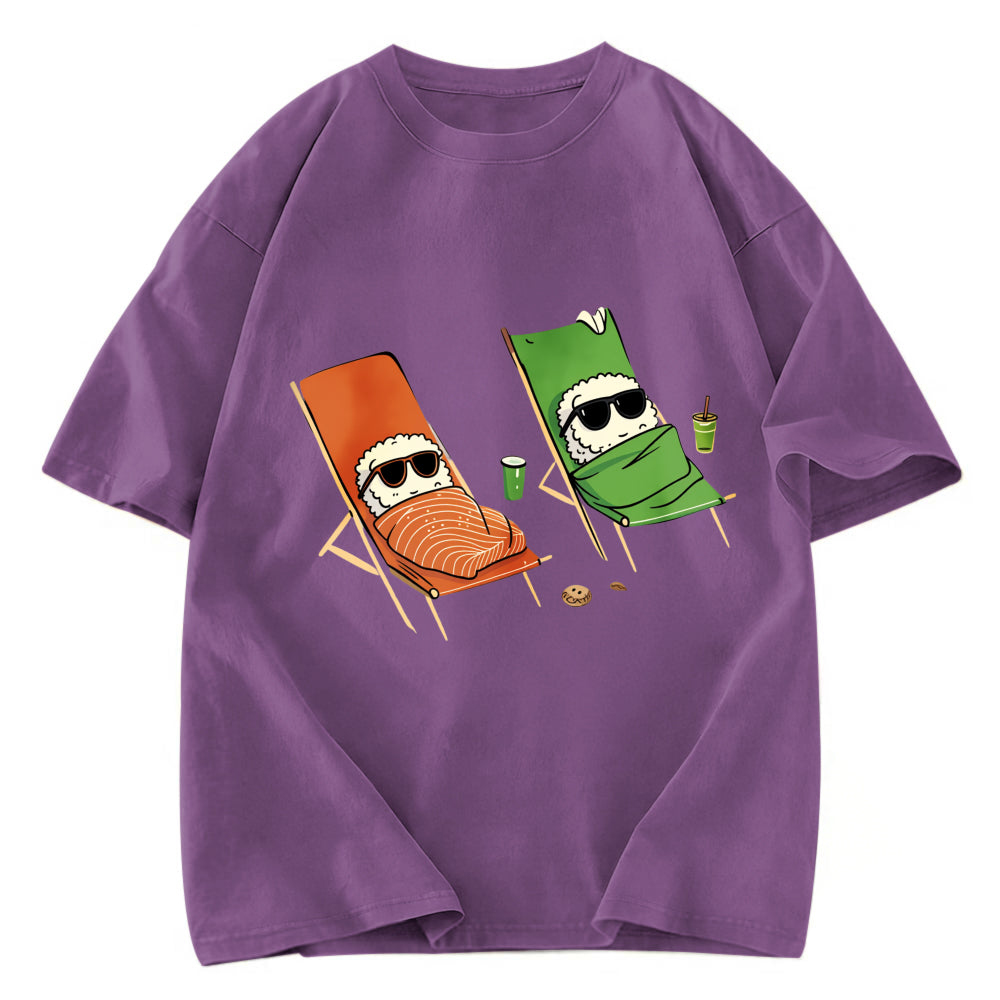 Tokyosol Funny Sushi Sunbathing Washed T Shirt