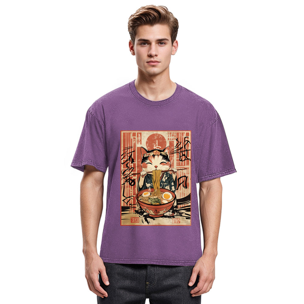 Tokyosol Kawaii Japanese Cute Ramen Cat Washed T Shirt