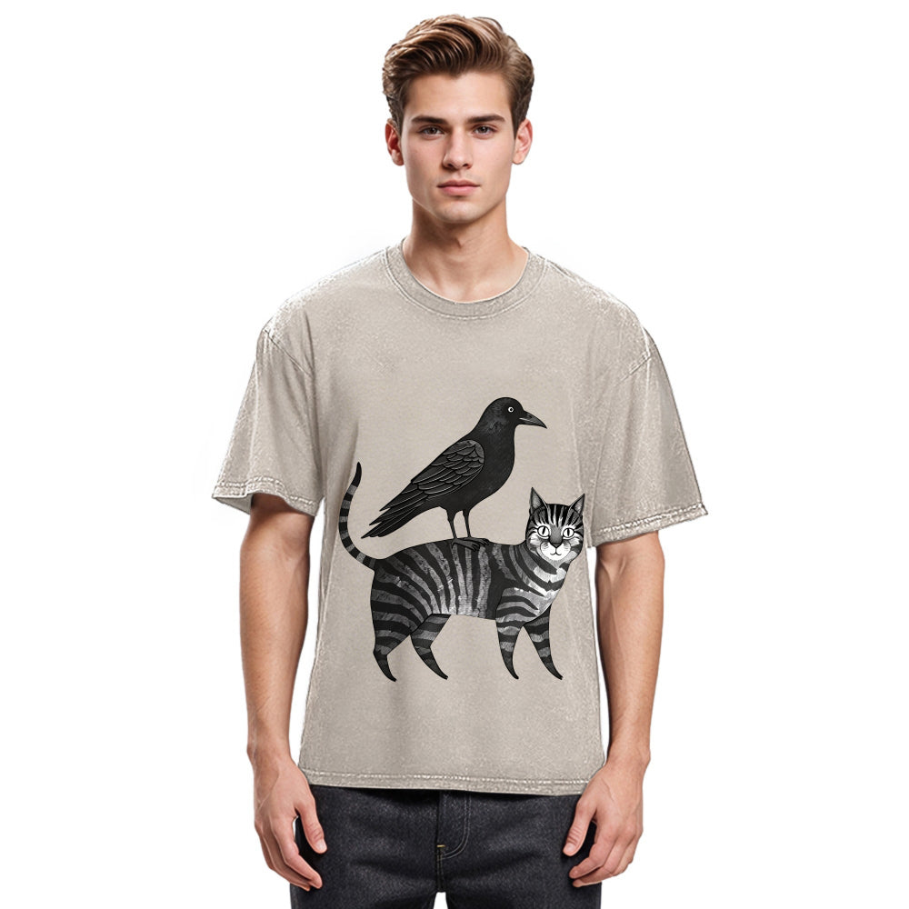 Tokyosol Crow Riding A Cat Washed T Shirt