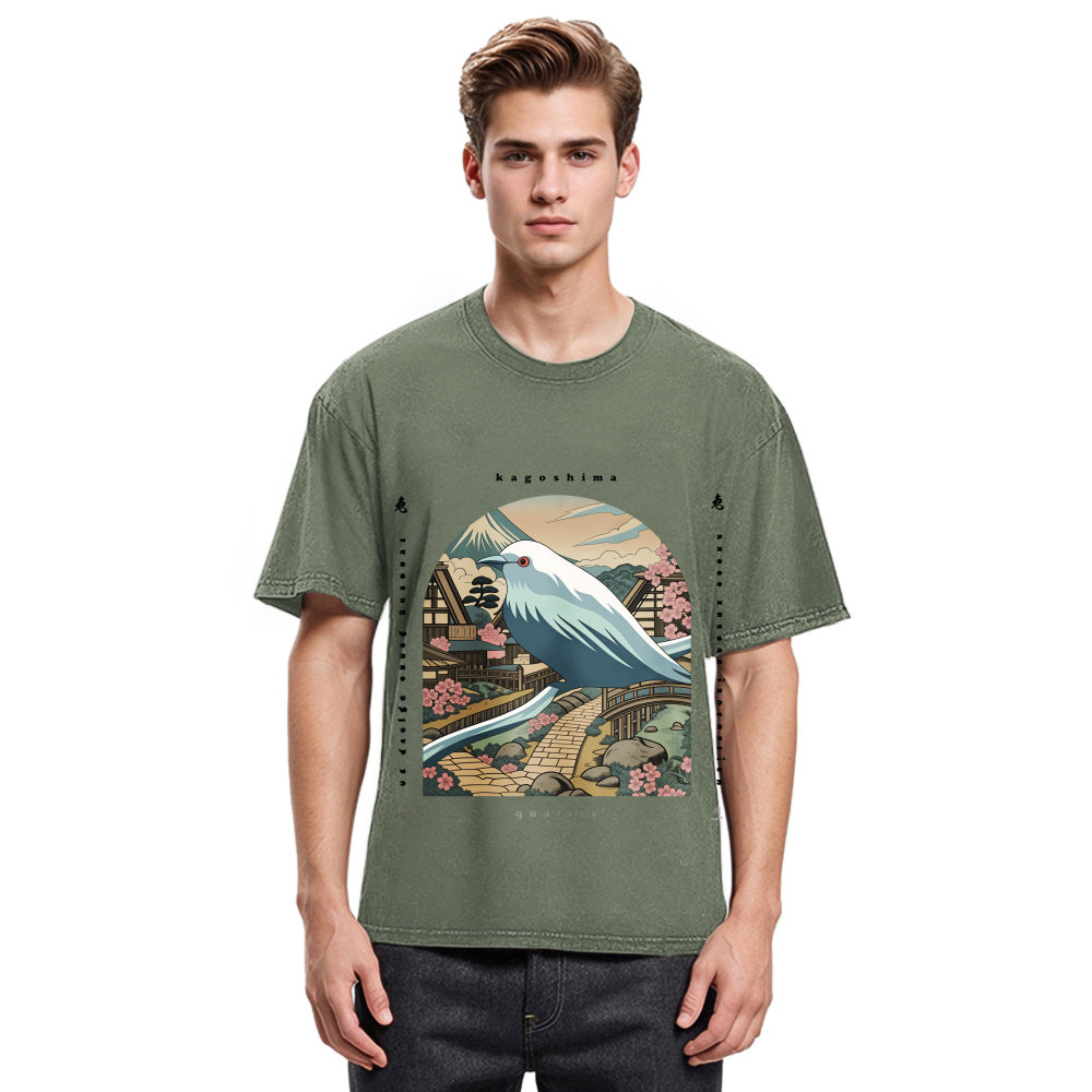 Tokyosol Retro Japan Culture Bird Washed T Shirt