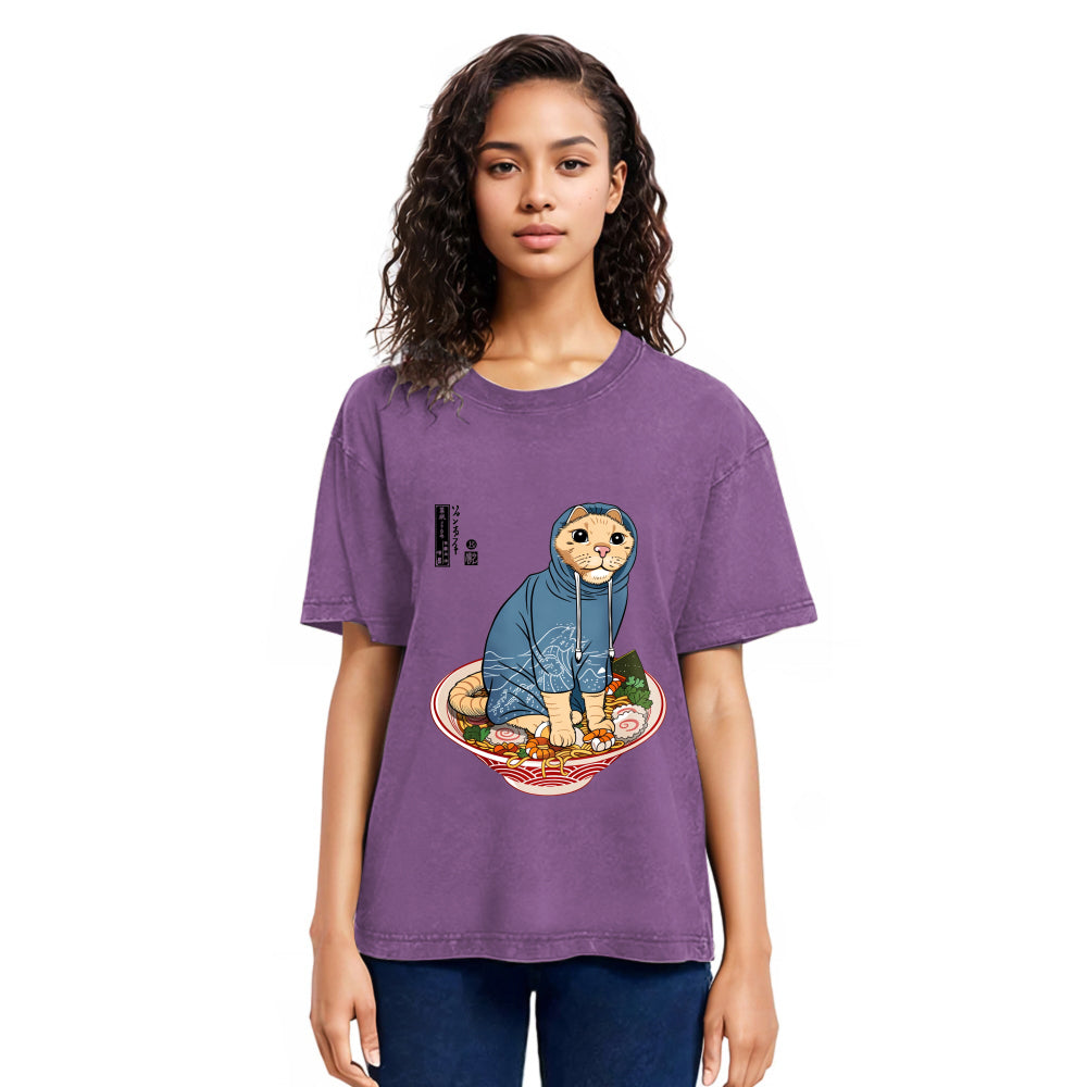 Tokyosol Japanese Cat On Ramen Washed T Shirt