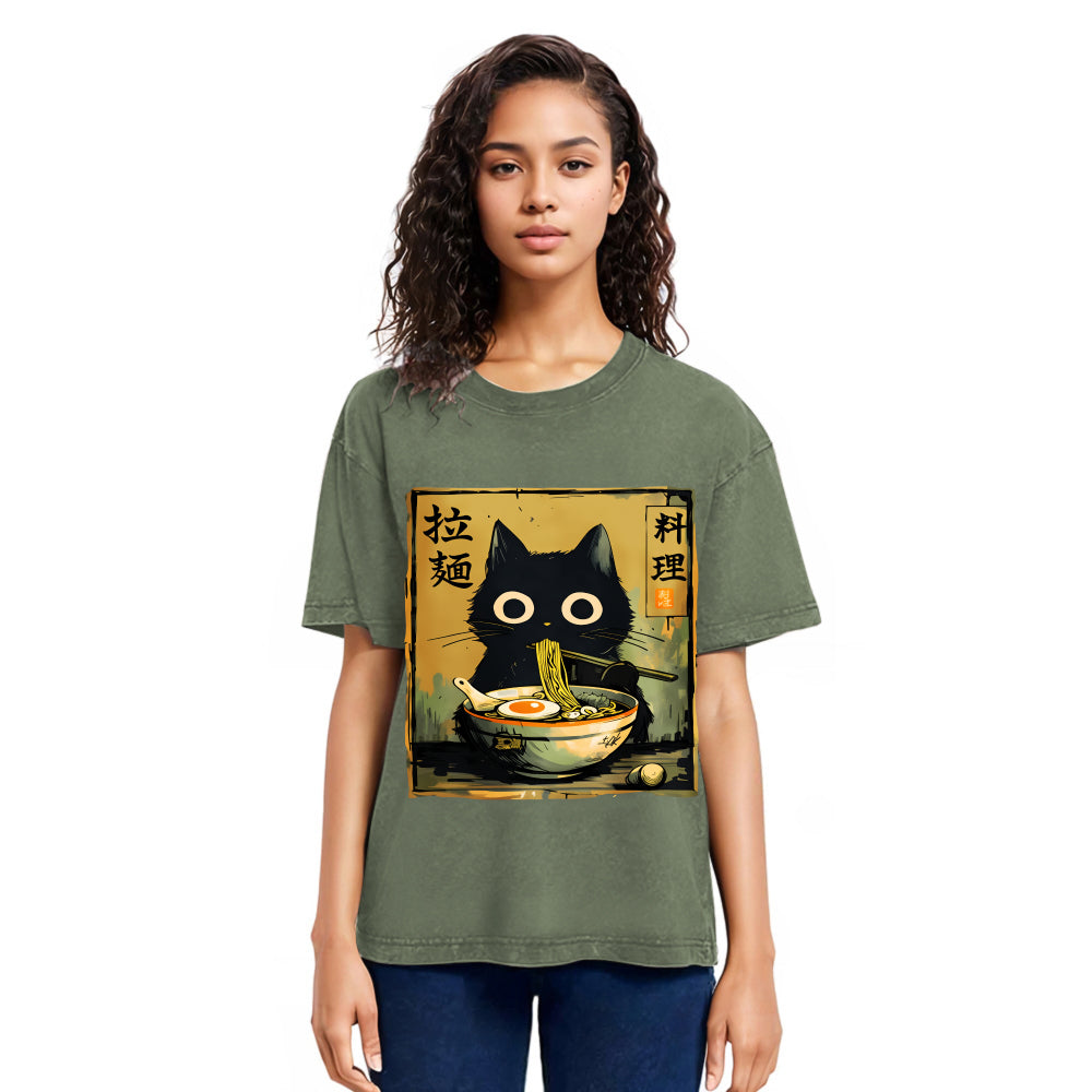 Tokyosol Cute Black Cat Eating Ramen Washed T-Shirt