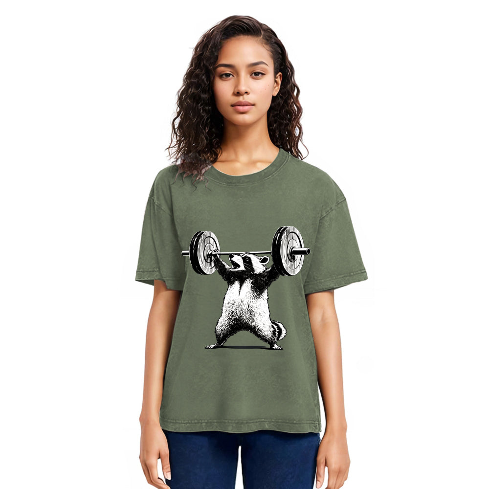 Tokyosol Raccoon Weightlifting Funny Washed T Shirt