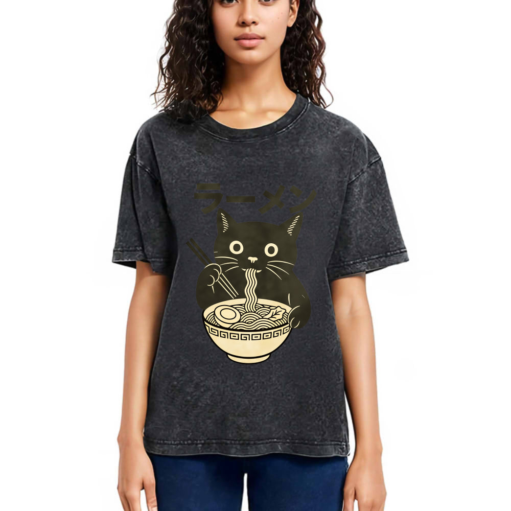 Tokyosol Simple Black Cat Eating Ramen Washed T Shirt